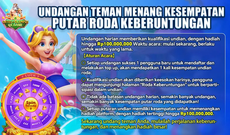 Undangan harian memberikan kualifikasi undian, dengan hadiah hingga Rp100,000,000 Waktu acara: mulai sekarang, berlaku untuk waktu yang lama. [Aturan Acara] Setiap undangan sukses 1 pengguna baru untuk mendaftar dan melakukan top up, akan mendapatkan 1 kali kesempatan undian roda; Kualifikasi undian akan diberikan keesokan harinya, pengguna dapat mengunjungi halaman 'Roda Keberuntungan' untuk berpartisipasi dalam undian; Tidak ada batasan undangan harian, semakin banyak undangan, semakin banyak kesempatan putar roda yang didapatkan! Setiap putaran undian memiliki kesempatan untuk memenangkan hadiah platform, dengan hadiah tertinggi hingga Rp100,000,000.