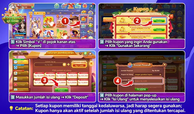 1. Klik Simbol 'V' di pojok kanan atas -> Pilih [Kupon]. 2. Pilih kupon yang ingin Anda gunakan -> Klik 'Gunakan Sekarang'. 3. Masukkan jumlah isi ulang -> Klik 'Deposit'. 4. Pilih kupon di halaman pop-up -> Klik 'Isi Ulang' untuk menyelesaikan isi ulang. Catatan: Setiap kupon memiliki tanggal kedaluwarsa, jadi harap segera gunakan; Kupon hanya akan aktif setelah jumlah isi ulang yang ditentukan tercapai.