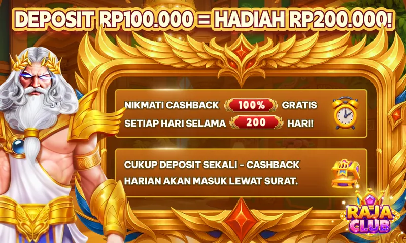 DEPOSIT RP100.000 = HADIAH RP200.000! NIKMATI CASHBACK 100% GRATIS SETIAP HARI SELAMA 200 HARI! CUKUP DEPOSIT SEKALI - CASHBACK HARIAN AKAN MASUK LEWAT SURAT. RAJA CLUB