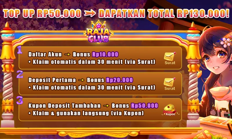 Paket bonus selamat datang untuk member baru yang mencakup bonus pendaftaran, bonus deposit pertama, dan kupon deposit tambahan dengan total nilai Rp130.000. - rajaclub