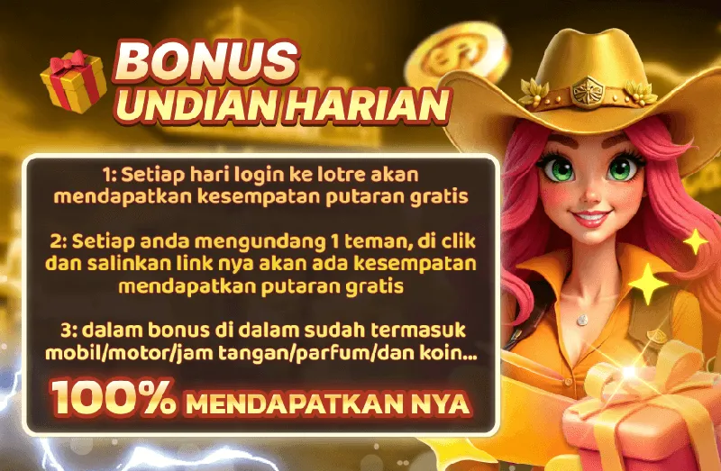 BONUS UNDIAN HARIAN. 1: Setiap hari login ke lotre akan mendapatkan kesempatan putaran gratis. 2: Setiap anda mengundang 1 teman, di clik dan salinkan link nya akan ada kesempatan mendapatkan putaran gratis. 3: dalam bonus di dalam sudah termasuk mobil/motor/jam tangan/parfum/dan koin... 100% MENDAPATKAN NYA