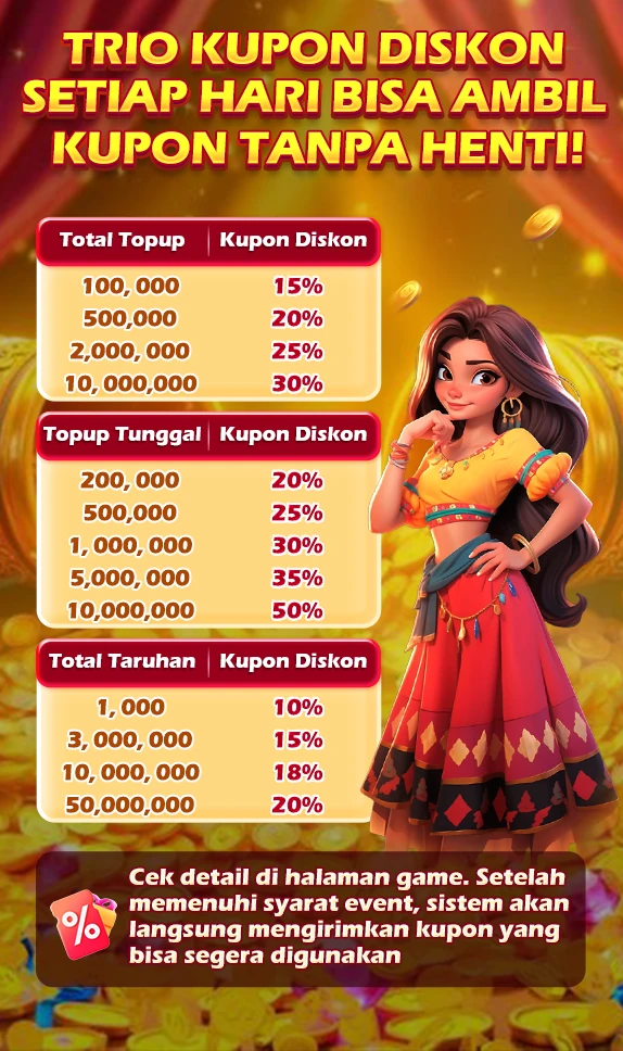 TRIO KUPON DISKON SETIAP HARI BISA AMBIL KUPON TANPA HENTI!
Total Topup | Kupon Diskon: 100,000 (15%), 500,000 (20%), 2,000,000 (25%), 10,000,000 (30%)
Topup Tunggal | Kupon Diskon: 200,000 (20%), 500,000 (25%), 1,000,000 (30%), 5,000,000 (35%), 10,000,000 (50%)
Total Taruhan | Kupon Diskon: 1,000 (10%), 3,000,000 (15%), 10,000,000 (18%), 50,000,000 (20%)
Cek detail di halaman game. Setelah memenuhi syarat event, sistem akan langsung mengirimkan kupon yang bisa segera digunakan.