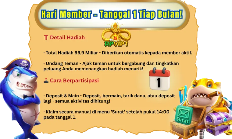 Hari Member - Tanggal 1 Tiap Bulan!
Detail Hadiah:
- Total Hadiah 99,9 Miliar - Diberikan otomatis kepada member aktif.
- Undang Teman - Ajak teman untuk bergabung dan tingkatkan peluang Anda memenangkan hadiah menarik!
Cara Berpartisipasi:
- Deposit & Main - Deposit, bermain, tarik dana, atau deposit lagi - semua aktivitas dihitung!
- Klaim secara manual di menu 'Surat' setelah pukul 14:00 pada tanggal 1.