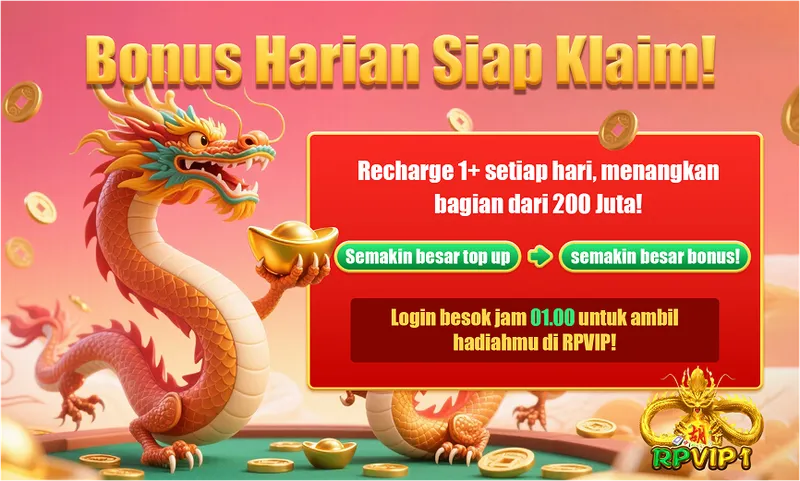 Bonus Harian Siap Klaim! Recharge 1+ setiap hari, menangkan bagian dari 200 Juta! Semakin besar top up -> semakin besar bonus! Login besok jam 01.00 untuk ambil hadiahmu di RPVIP!