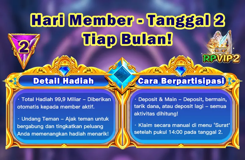 Acara bulanan khusus member setiap tanggal 2 dengan total hadiah hingga 99,9 Miliar untuk member aktif. - rpvip2