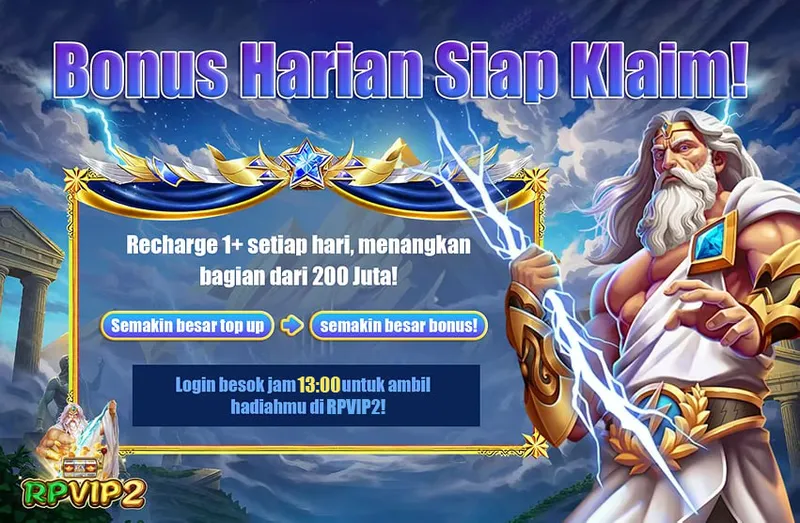 Bonus Harian Siap Klaim! Recharge 1+ setiap hari, menangkan bagian dari 200 Juta! Semakin besar top up -> semakin besar bonus! Login besok jam 13:00 untuk ambil hadiahmu di RPVIP2!