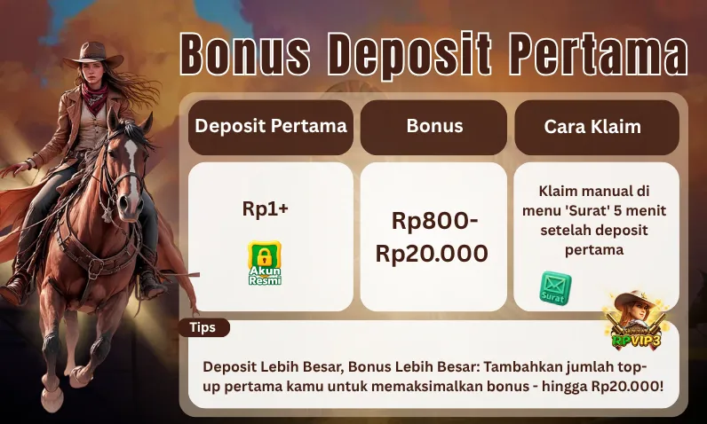 Bonus khusus untuk pengguna yang melakukan deposit pertama kali dengan minimal Rp1, berkesempatan mendapatkan bonus hingga Rp20.000. - rpvip3