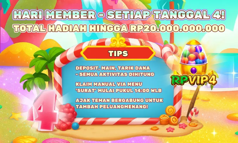 Setiap tanggal 4, nikmati total hadiah hingga RP20.000.000.000 dengan melakukan deposit, bermain, dan mengajak teman. - rpvip4