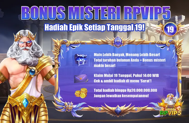 BONUS MISTERI RPVIP5. Hadiah Epik Setiap Tanggal 19! Main Lebih Banyak, Menang Lebih Besar! Total taruhan bulanan Anda = Bonus misteri makin besar! Klaim Mulai 19 Tanggal, Pukul 14:00 WIB. Cek & ambil hadiah di menu 'Surat'! Total hadiah hingga Rp20.000.000.000. Jangan lewatkan kesempatanmu!