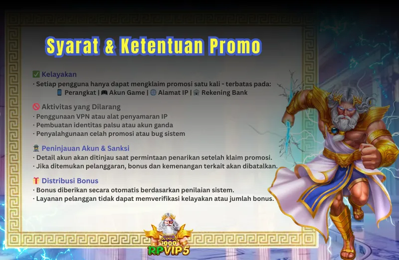 Syarat & Ketentuan Promo
Kelayakan
Setiap pengguna hanya dapat mengklaim promosi satu kali - terbatas pada: Perangkat | Akun Game | Alamat IP | Rekening Bank
Aktivitas yang Dilarang
Penggunaan VPN atau alat penyamaran IP
Pembuatan identitas palsu atau akun ganda
Penyalahgunaan celah promosi atau bug sistem
Peninjauan Akun & Sanksi
Detail akun akan ditinjau saat permintaan penarikan setelah klaim promosi.
Jika ditemukan pelanggaran, bonus dan kemenangan terkait akan dibatalkan.
Distribusi Bonus
Bonus diberikan secara otomatis berdasarkan penilaian sistem.
Layanan pelanggan tidak dapat memverifikasi kelayakan atau jumlah bonus.