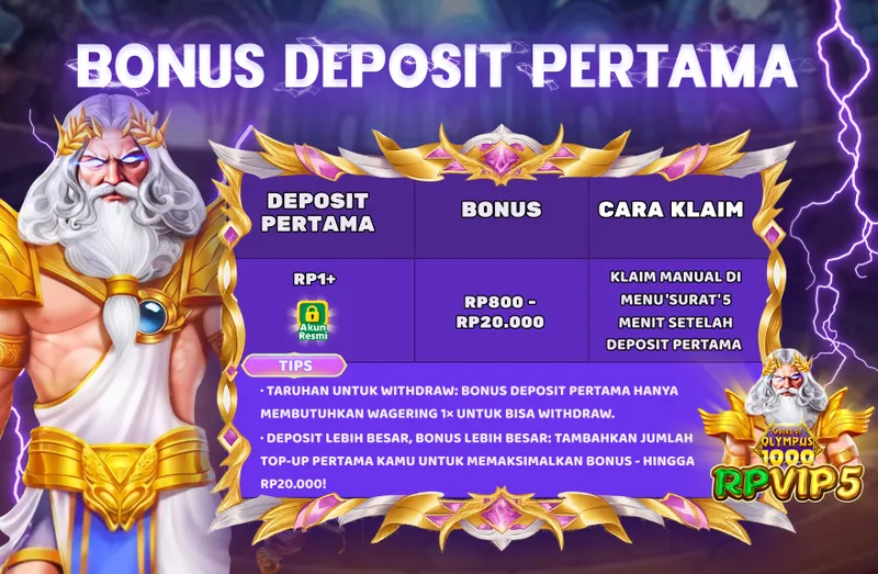 Bonus setoran pertama untuk pengguna baru dengan reward hingga RP20.000 dan persyaratan turnover rendah 1x. - rpvip5