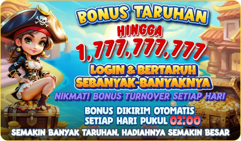 BONUS TARUHAN HINGGA 1,777,777,777. LOGIN & BERTARUH SEBANYAK-BANYAKNYA. NIKMATI BONUS TURNOVER SETIAP HARI. BONUS DIKIRIM OTOMATIS SETIAP HARI PUKUL 02:00. SEMAKIN BANYAK TARUHAN, HADIAHNYA SEMAKIN BESAR.