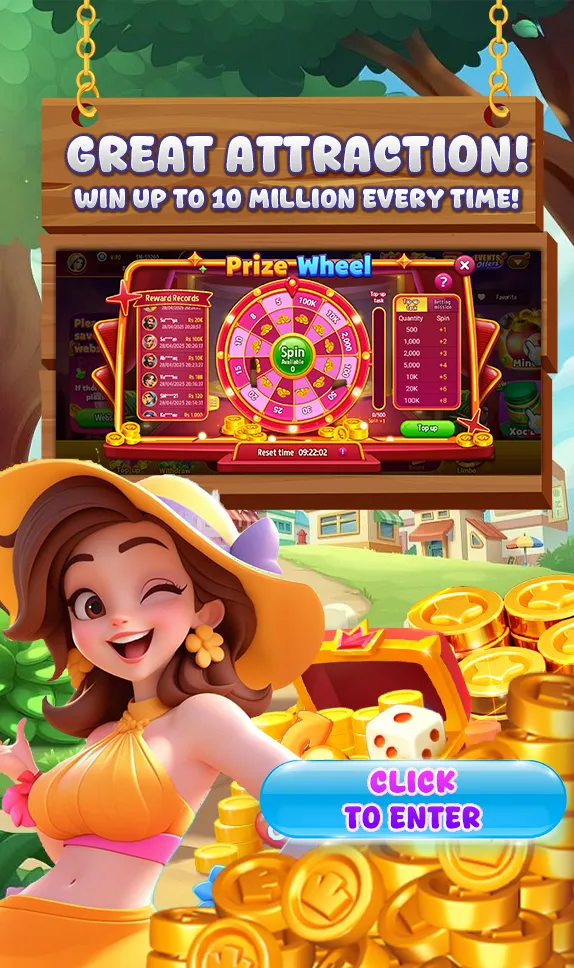 GREAT ATTRACTION! WIN UP TO 10 MILLION EVERY TIME! Prize Wheel. Top-up task: 500=+1 spin, 1,000=+2 spins, 2,000=+3 spins, 5,000=+4 spins, 10K=+5 spins, 20K=+6 spins, 100K=+8 spins. Reset time 09:22:02.