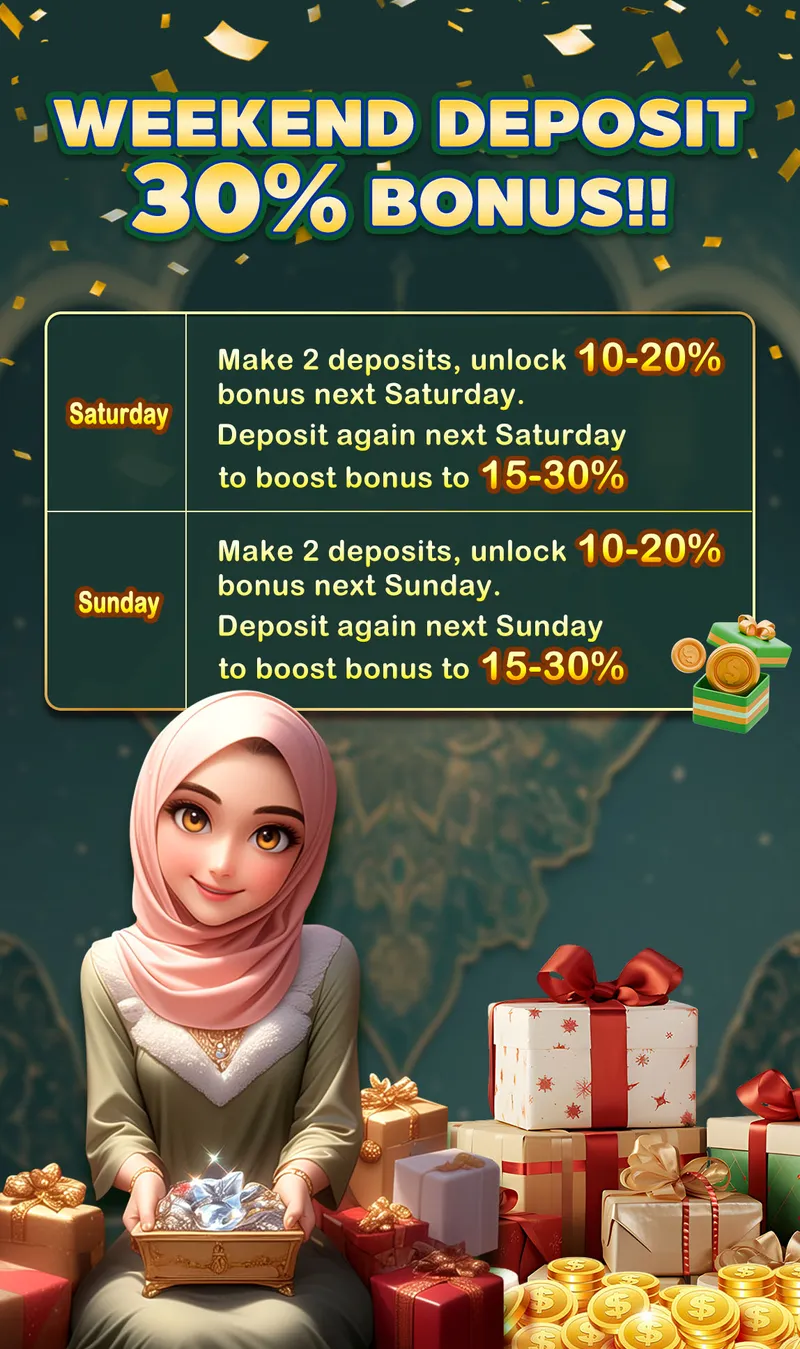 WEEKEND DEPOSIT 30% BONUS!! Saturday: Make 2 deposits, unlock 10-20% bonus next Saturday. Deposit again next Saturday to boost bonus to 15-30%. Sunday: Make 2 deposits, unlock 10-20% bonus next Sunday. Deposit again next Sunday to boost bonus to 15-30%.