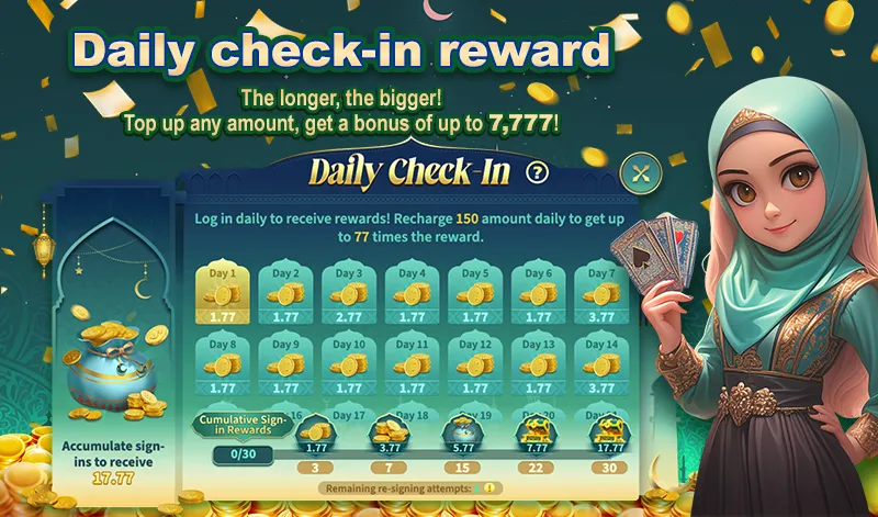 Daily check-in reward. The longer, the bigger! Top up any amount, get a bonus of up to 7,777! Log in daily to receive rewards! Recharge 150 amount daily to get up to 77 times the reward. Day 1-21 rewards ranging from 1.77 to 3.77. Cumulative Sign-in Rewards: 3 days (1.77), 7 days (3.77), 15 days (5.77), 22 days (7.77), 30 days (17.77). Remaining re-signing attempts: 1.