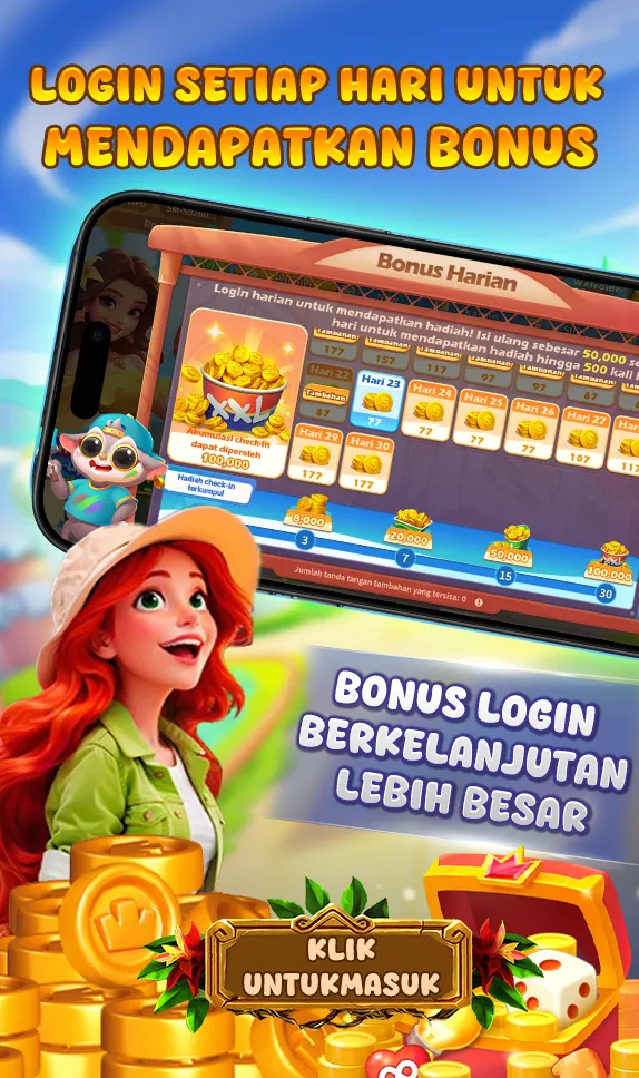 LOGIN SETIAP HARI UNTUK MENDAPATKAN BONUS. Bonus Harian: Login harian untuk mendapatkan hadiah! Isi ulang sebesar 50,000 setiap hari untuk mendapatkan hadiah hingga 500 kali lipat. Akumulasi check-in dapat diperoleh 100,000. Hadiah check-in terkumpul: 3 hari (8,000), 7 hari (20,000), 15 hari (50,000), 30 hari (100,000). BONUS LOGIN BERKELANJUTAN LEBIH BESAR.
