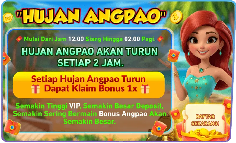 HUJAN ANGPAO. Mulai Dari Jam 12.00 Siang Hingga 02.00 Pagi. HUJAN ANGPAO AKAN TURUN SETIAP 2 JAM. Setiap Hujan Angpao Turun Dapat Klaim Bonus 1x. Semakin Tinggi VIP, Semakin Besar Deposit, Semakin Sering Bermain Bonus Angpao Akan Semakin Besar.