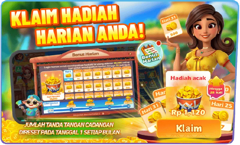 KLAIM HADIAH HARIAN ANDA! Bonus Harian. Login harian untuk mendapatkan hadiah! Isi ulang sebesar 50,000 setiap hari untuk mendapatkan hadiah hingga 28 kali lipat. Akumulasi check-in dapat diperoleh 10,000. Hadiah acak Rp 1,120. Hari 1-31. Jumlah tanda tangan cadangan direset pada tanggal 1 setiap bulan.