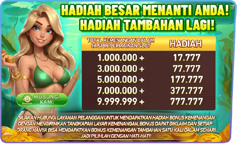HADIAH BESAR MENANTI ANDA! HADIAH TAMBAHAN LAGI! TOTAL KEMENANGAN DALAM 1X SPIN PERMAINAN SLOT. HADIAH: 1.000.000+ Hadiah 17.777; 3.000.000+ Hadiah 77.777; 5.000.000+ Hadiah 177.777; 7.000.000+ Hadiah 377.777; 9.999.999+ Hadiah 777.777. SILAKAN HUBUNGI LAYANAN PELANGGAN UNTUK MENDAPATKAN HADIAH BONUS KEMENANGAN DENGAN MENGIRIMKAN TANGKAPAN LAYAR KEMENANGAN, BONUS DAPAT DIKLAIM DAN SETIAP ORANG HANYA BISA MENDAPATKAN BONUS KEMENANGAN TAMBAHAN SATU KALI DALAM SEHARI. JADI PILIHLAH DENGAN HATI-HATI!
