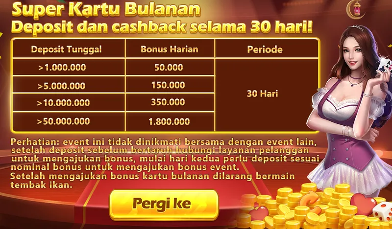 Super Kartu Bulanan. Deposit dan cashback selama 30 hari! Deposit Tunggal > 1.000.000 Bonus Harian 50.000; > 5.000.000 Bonus Harian 150.000; > 10.000.000 Bonus Harian 350.000; > 50.000.000 Bonus Harian 1.800.000. Periode 30 Hari. Perhatian: event ini tidak dinikmati bersama dengan event lain, setelah deposit sebelum bertaruh hubungi layanan pelanggan untuk mengajukan bonus, mulai hari kedua perlu deposit sesuai nominal bonus untuk mengajukan bonus event. Setelah mengajukan bonus kartu bulanan dilarang bermain tembak ikan.