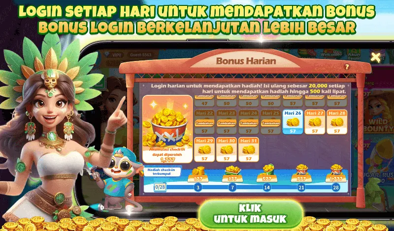 LOGIN SETIAP HARI UNTUK MENDAPATKAN BONUS. BONUS LOGIN BERKELANJUTAN LEBIH BESAR. Bonus Harian: Login harian untuk mendapatkan hadiah! Isi ulang sebesar 20,000 setiap hari untuk mendapatkan hadiah hingga 500 kali lipat. Akumulasi check-in dapat diperoleh 1,777. Hadiah check-in terkumpul: 3 hari (177), 7 hari (377), 14 hari (577), 21 hari (777), 28 hari (1,777).