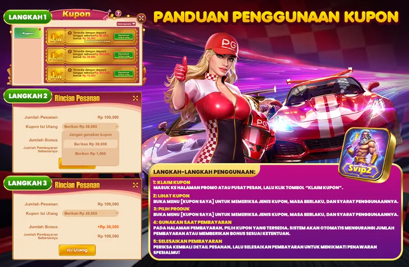 PANDUAN PENGGUNAAN KUPON. LANGKAH 1: Klaim Kupon di halaman promo atau pusat pesan. LANGKAH 2: Lihat kupon di menu [Kupon Saya] untuk memeriksa jenis, masa berlaku, dan syarat. LANGKAH 3: Pilih produk. LANGKAH 4: Gunakan saat pembayaran, sistem akan otomatis mengurangi jumlah pembayaran atau memberikan bonus. LANGKAH 5: Selesaikan pembayaran. Contoh kupon: Deposit Rp 80,000 bonus Rp 30,000; Deposit Rp 300,000 bonus Rp 28,888; Deposit Rp 300,000 bonus Rp 10,000.