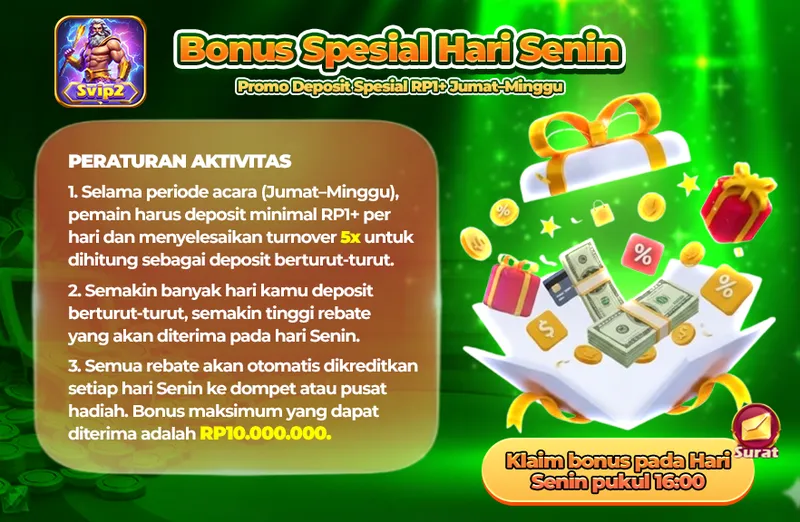 Bonus Spesial Hari Senin. Promo Deposit Spesial RP1+ Jumat-Minggu. PERATURAN AKTIVITAS: 1. Selama periode acara (Jumat-Minggu), pemain harus deposit minimal RP1+ per hari dan menyelesaikan turnover 5x untuk dihitung sebagai deposit berturut-turut. 2. Semakin banyak hari kamu deposit berturut-turut, semakin tinggi rebate yang akan diterima pada hari Senin. 3. Semua rebate akan otomatis dikreditkan setiap hari Senin ke dompet atau pusat hadiah. Bonus maksimum yang dapat diterima adalah RP10.000.000. Klaim bonus pada Hari Senin pukul 16:00.