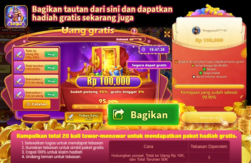 Bagikan tautan dari sini dan dapatkan hadiah gratis sekarang juga. Uang gratis Rp 100,000. Sudah potong 95%, gratis tinggal 5%. Kumpulkan total 20 kali tawar-menawar untuk mendapatkan paket hadiah gratis. 1. Selesaikan tugas untuk mendapat tebasan. 2. Gunakan tebasan untuk ambil paket gratis. 3. Capai 100% untuk klaim hadiah. 4. Undang teman untuk tebasan. Bonus hingga Rp100.000. Mudah, Tanpa modal, Kuota terbatas, buruan!