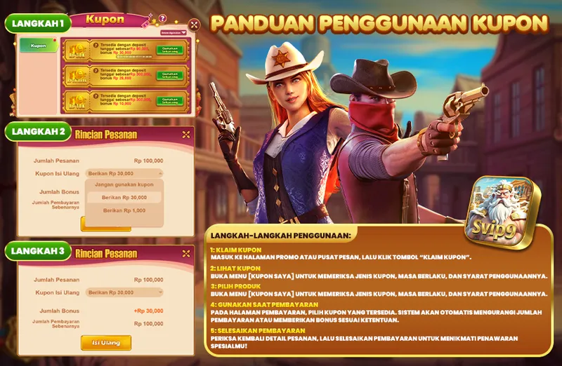 PANDUAN PENGGUNAAN KUPON. LANGKAH 1: Klaim Kupon di halaman promo. LANGKAH 2: Lihat Kupon di menu Kupon Saya. LANGKAH 3: Pilih Produk. LANGKAH 4: Gunakan saat pembayaran. LANGKAH 5: Selesaikan pembayaran. Contoh kupon: Deposit Rp 80,000 bonus Rp 30,000; Deposit Rp 300,000 bonus Rp 28,888; Deposit Rp 300,000 bonus Rp 10,000.