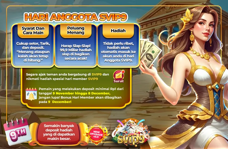 Kegiatan khusus Hari Anggota SVIP9 dengan total hadiah 99,9 Miliar yang dibagikan secara acak kepada pemain yang melakukan deposit selama periode event. - svip9