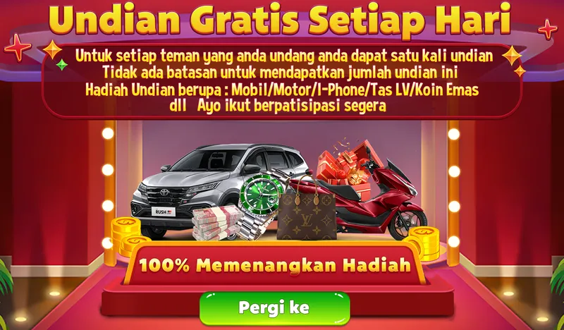 Undian Gratis Setiap Hari. Untuk setiap teman yang anda undang anda dapat satu kali undian. Tidak ada batasan untuk mendapatkan jumlah undian ini. Hadiah Undian berupa: Mobil/Motor/I-Phone/Tas LV/Koin Emas dll. Ayo ikut berpartisipasi segera. 100% Memenangkan Hadiah.