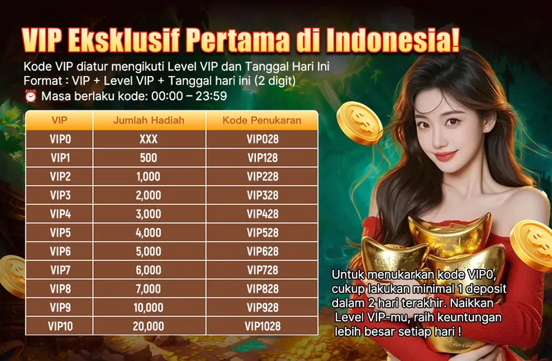 Program penukaran kode hadiah harian berdasarkan level VIP. Pemain dapat mengklaim hadiah setiap hari menggunakan kode yang diformat sesuai level VIP dan tanggal hari ini. - uang