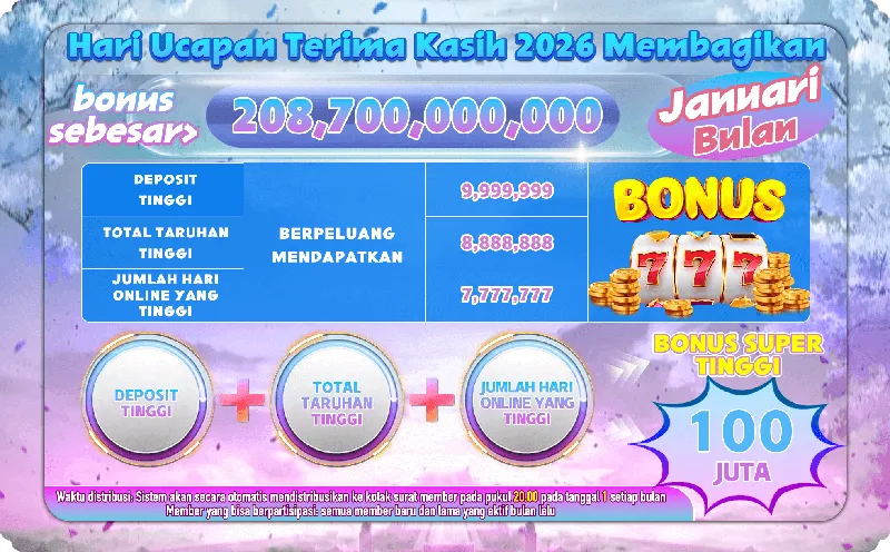 Hari Ucapan Terima Kasih 2026 Membagikan bonus sebesar 208,700,000,000 Januari Bulan. DEPOSIT TINGGI, TOTAL TARUHAN TINGGI, JUMLAH HARI ONLINE YANG TINGGI BERPELUANG MENDAPATKAN 9,999,999, 8,888,888, 7,777,777. BONUS SUPER TINGGI 100 JUTA. Waktu distribusi: Sistem akan secara otomatis mendistribusikan ke kotak surat member pada pukul 20.00 pada tanggal 1 setiap bulan. Member yang bisa berpartisipasi: semua member baru dan lama yang aktif bulan lalu.