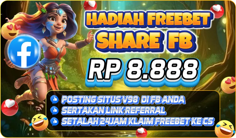 HADIAH FREEBET SHARE FB RP 8.888. POSTING SITUS V98 DI FB ANDA. SERTAKAN LINK REFERRAL. SETELAH 24 JAM KLAIM FREEBET KE CS.