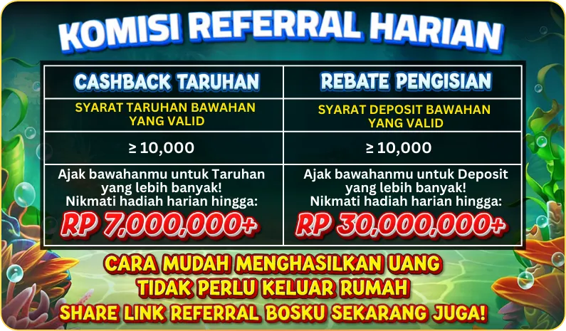 KOMISI REFERRAL HARIAN. CASHBACK TARUHAN: SYARAT TARUHAN BAWAHAN YANG VALID >= 10,000. Ajak bawahanmu untuk Taruhan yang lebih banyak! Nikmati hadiah harian hingga: RP 7,000,000+. REBATE PENGISIAN: SYARAT DEPOSIT BAWAHAN YANG VALID >= 10,000. Ajak bawahanmu untuk Deposit yang lebih banyak! Nikmati hadiah harian hingga: RP 30,000,000+. CARA MUDAH MENGHASILKAN UANG TIDAK PERLU KELUAR RUMAH SHARE LINK REFERRAL BOSKU SEKARANG JUGA!