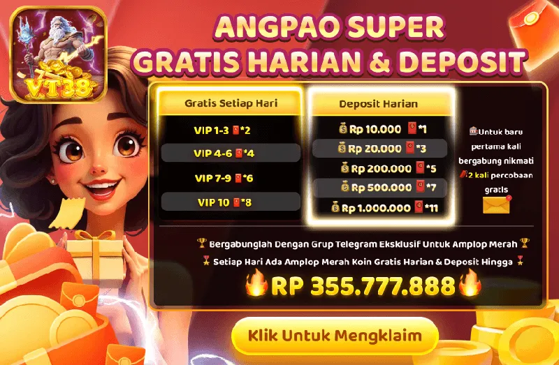 ANGPAO SUPER GRATIS HARIAN & DEPOSIT. Gratis Setiap Hari: VIP 1-3 *2, VIP 4-6 *4, VIP 7-9 *6, VIP 10 *8. Deposit Harian: Rp 10.000 *1, Rp 20.000 *3, Rp 200.000 *5, Rp 500.000 *7, Rp 1.000.000 *11. Untuk baru pertama kali bergabung nikmati 2 kali percobaan gratis. Bergabunglah Dengan Grup Telegram Eksklusif Untuk Amplop Merah. Setiap Hari Ada Amplop Merah Koin Gratis Harian & Deposit Hingga RP 355.777.888.