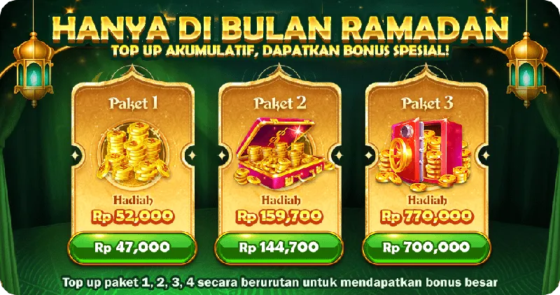 Promosi spesial bulan Ramadan dengan melakukan top up akumulatif untuk mendapatkan bonus besar melalui berbagai pilihan paket. - w67