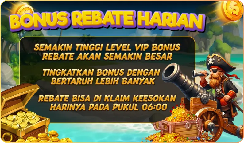 BONUS REBATE HARIAN. SEMAKIN TINGGI LEVEL VIP BONUS REBATE AKAN SEMAKIN BESAR. TINGKATKAN BONUS DENGAN BERTARUH LEBIH BANYAK. REBATE BISA DI KLAIM KEESOKAN HARINYA PADA PUKUL 06:00
