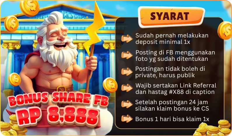 BONUS SHARE FB RP 8,888. SYARAT: Sudah pernah melakukan deposit minimal 1x. Posting di FB menggunakan foto yg sudah ditentukan. Postingan tidak boleh di private, harus publik. Wajib sertakan Link Referral dan hastag #X88 di caption. Setelah postingan 24 jam silakan klaim bonus ke CS. Bonus 1 hari bisa klaim 1x.