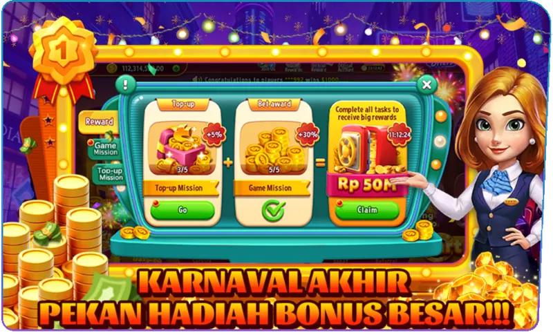 KARNAVAL AKHIR PEKAN HADIAH BONUS BESAR!!! Top-up Mission +5% + Game Mission +30% = Complete all tasks to receive big rewards Rp 50M. Reward: Game Mission, Top-up Mission.